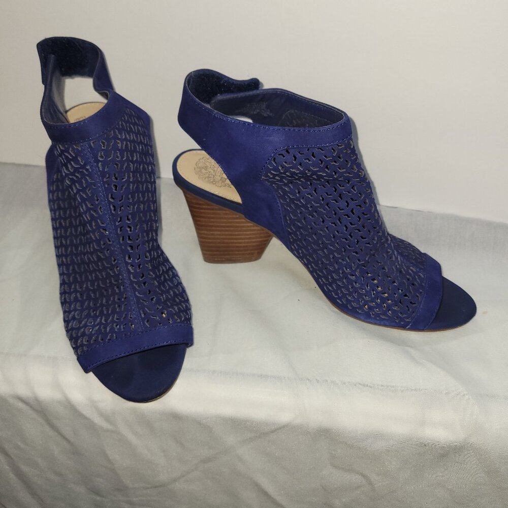 Vince Camuto Bootie Womens Sz 7.5 Blue Suede Peep Toe Heel Ankle Boots
